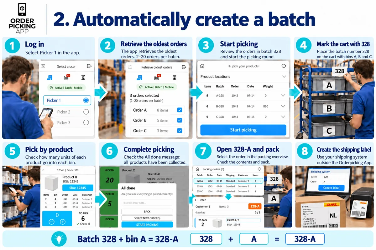 Infographic: automatically create a batch from the oldest orders, step by step