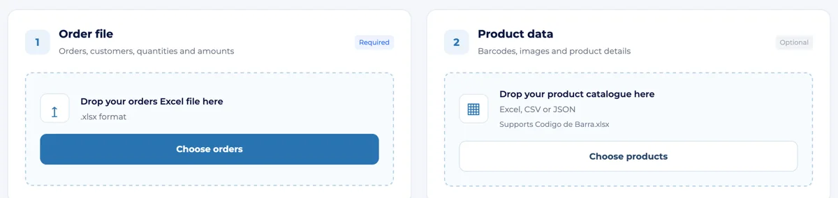 Upload page with two boxes: Order file (required) and Product data (optional)
