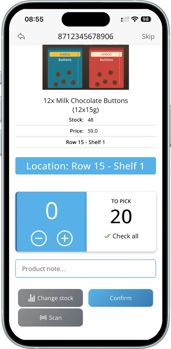 Product screen with a large location label, counter, scan and confirm buttons