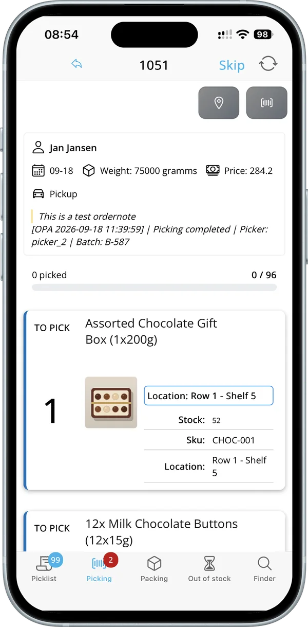 Order with customer name, order note, progress and the first item with its location