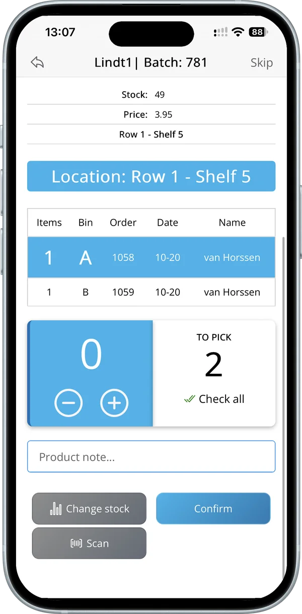 Batch picking: every product shows which bin it goes into