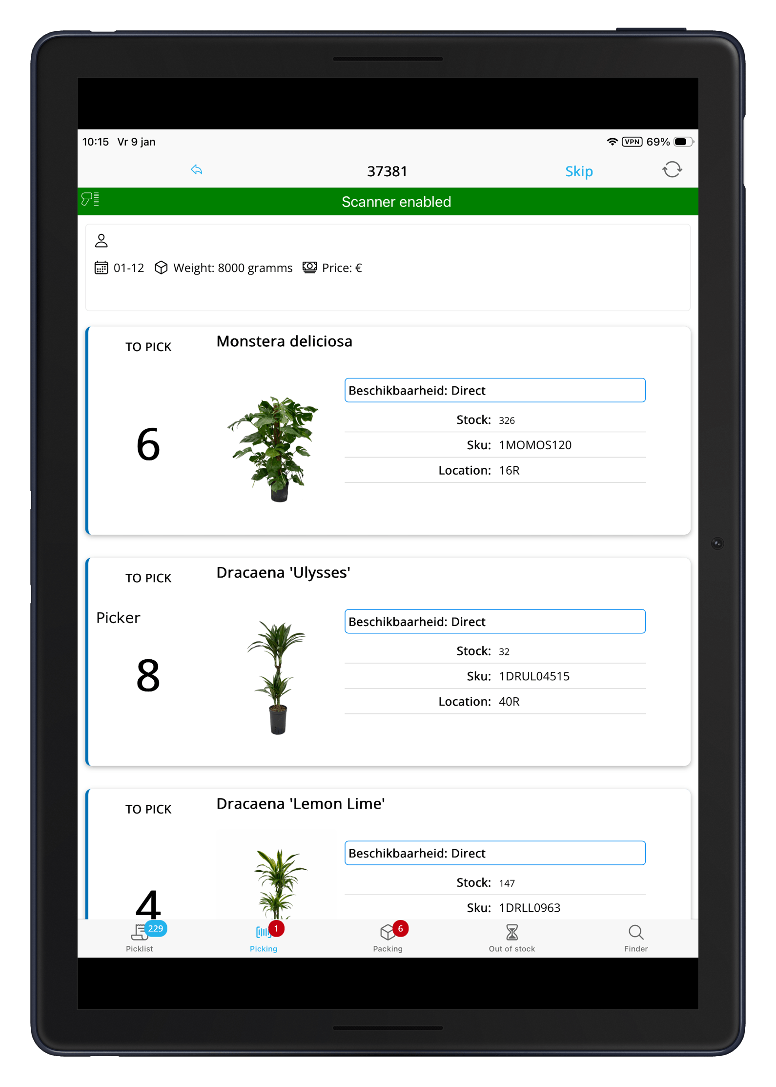 Order Picking App scherm 1