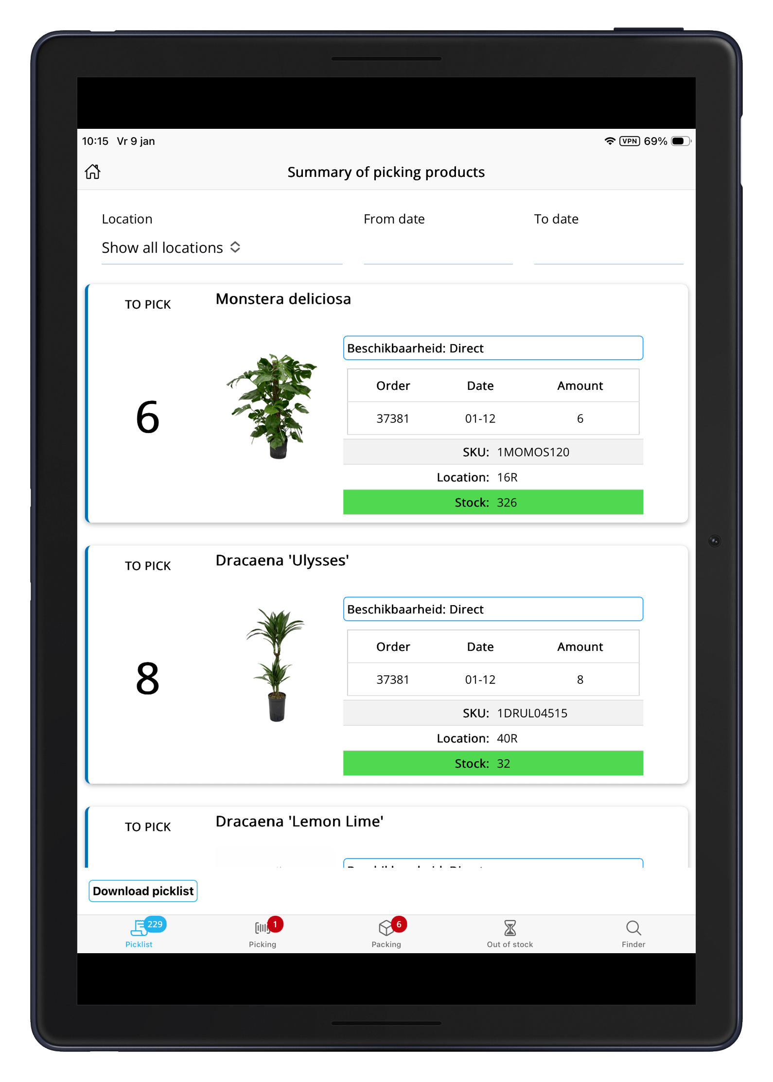 Order Picking App scherm 3