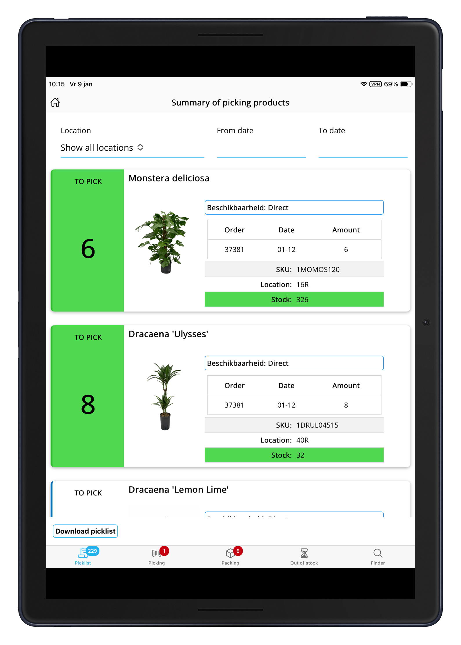 Order Picking App scherm 4